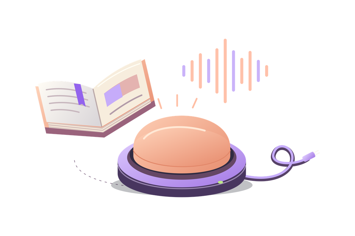 Un livre ouvert, un buzzer de quiz et une onde sonore.