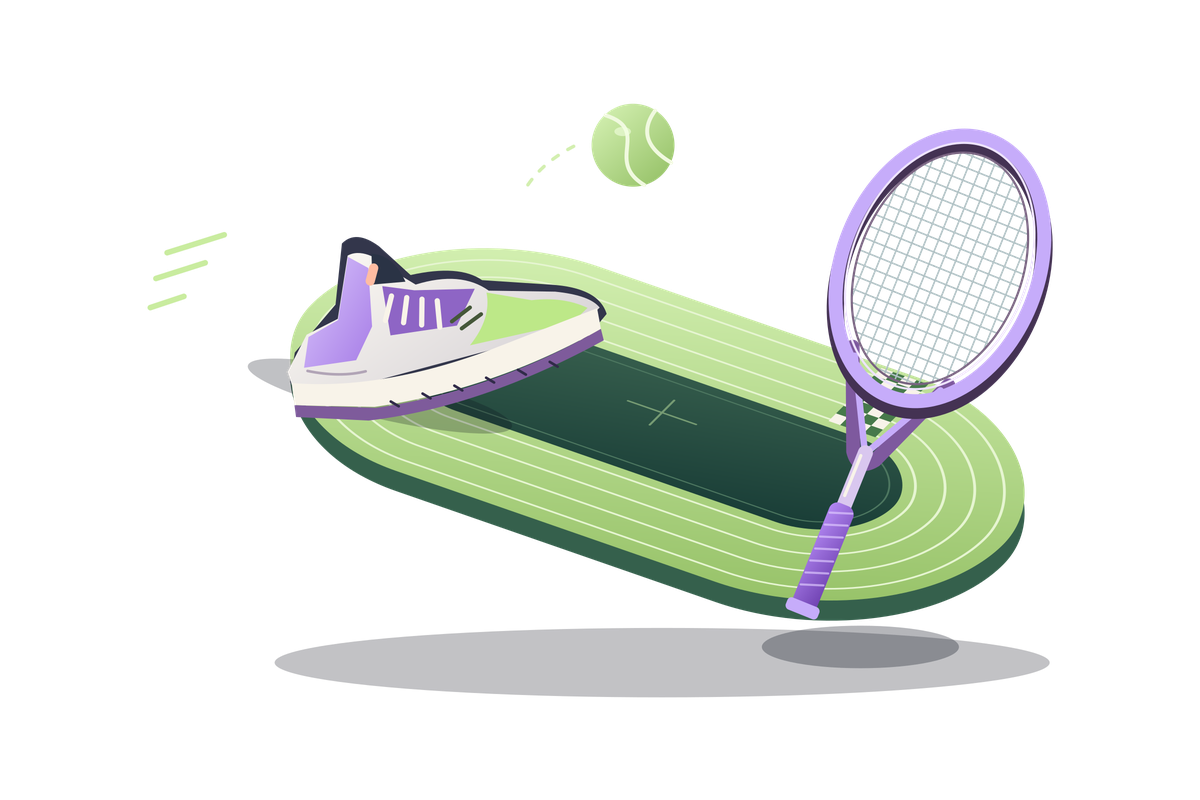 Une piste de course, une chaussure, une raquette et une balle de tennis.