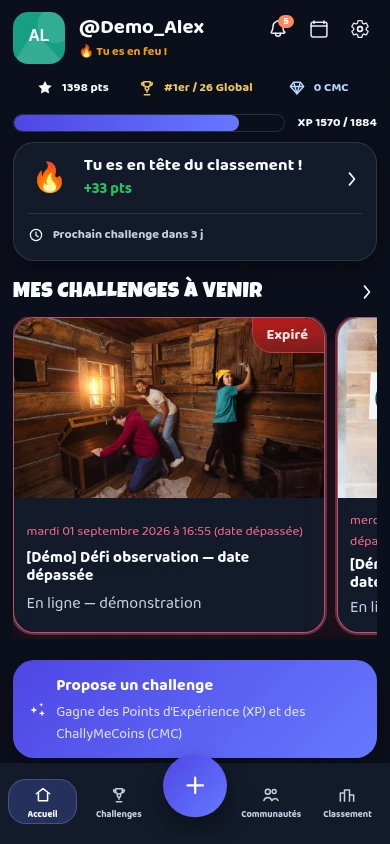 Accueil de Chally-Me sur mobile : progression et challenges à venir. Capture du compte de démonstration.
